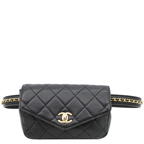 CHANEL Envelope Flap Quilted Leather Chain Belt Bag Black
