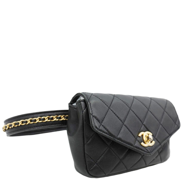 CHANEL Envelope Flap Quilted Leather Chain Belt Bag Black