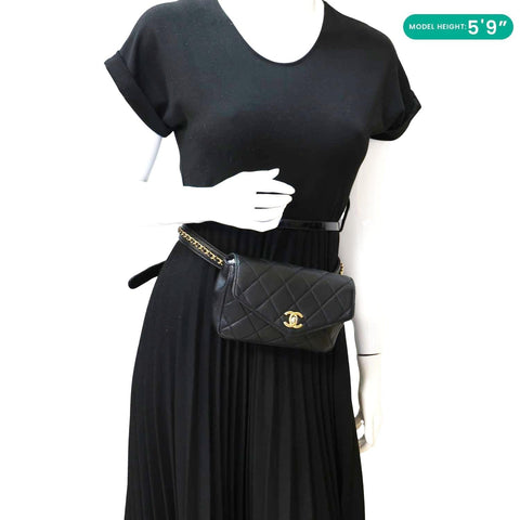 CHANEL Envelope Flap Quilted Leather Chain Belt Bag Black