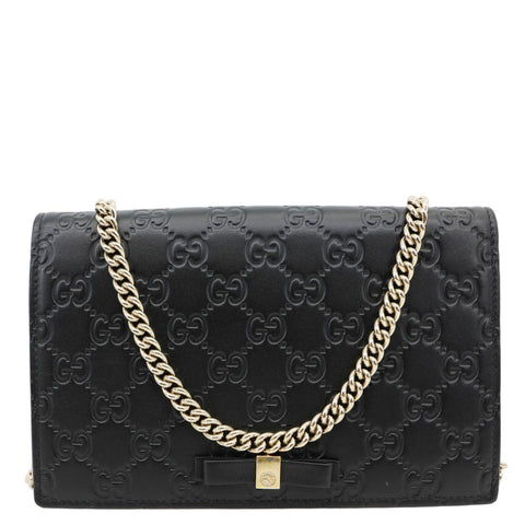 GUCCI Signature Bowy Emblem Mini GG Leather Wallet On Chain Black 431408