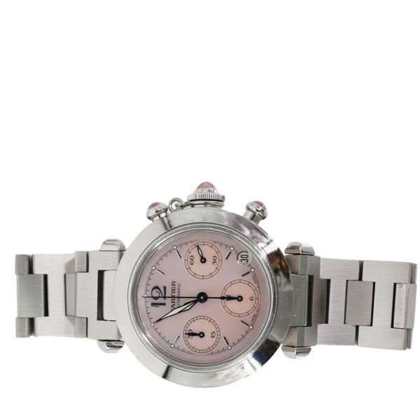 Cartier Pasha C Automatic Chronograph Stainless Steel Pink Mop Dial Watch 35mm