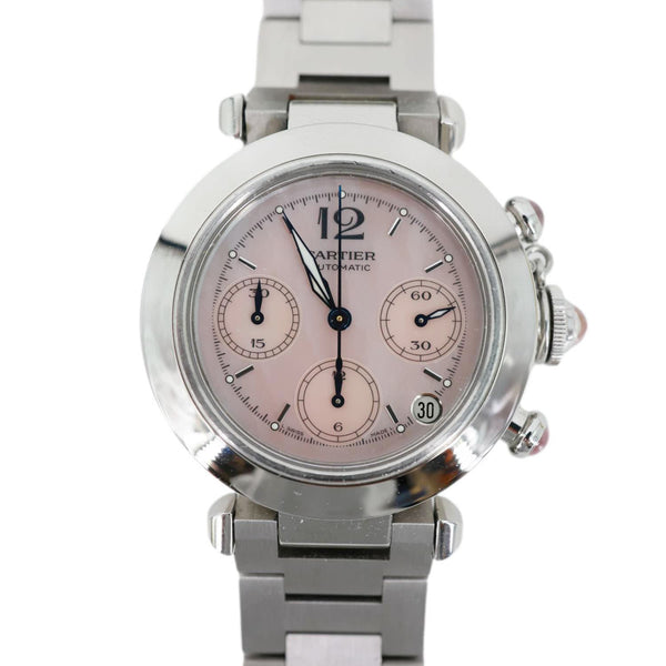Cartier Pasha C Automatic Chronograph Stainless Steel Pink Mop Dial Watch 35mm