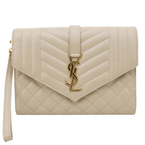 YVES SAINT LAURENT Monogram Envelope Grain De Poudre Leather Clutch Beige