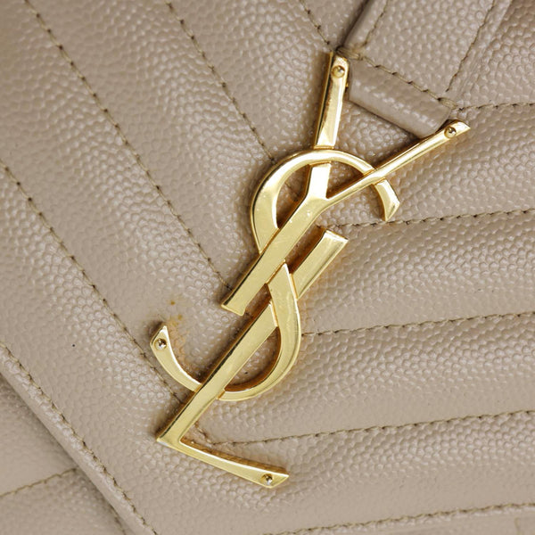 YVES SAINT LAURENT Monogram Envelope Grain De Poudre Leather Clutch Beige