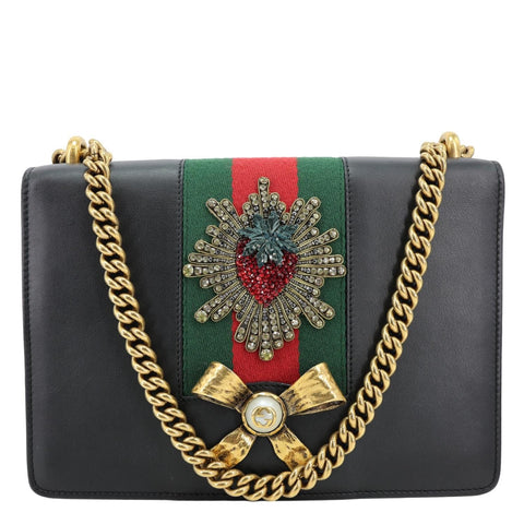 GUCCI Strawberry Embellished Peony Calfskin Leather Shoulder Bag Black 43228