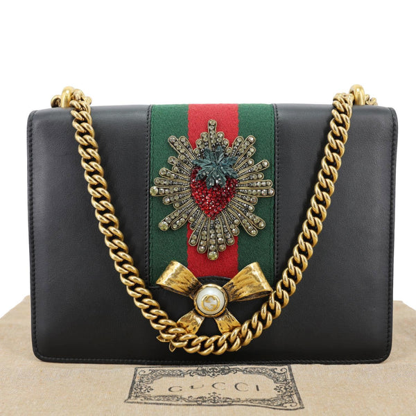 GUCCI Strawberry Embellished Peony Calfskin Leather Shoulder Bag Black 43228