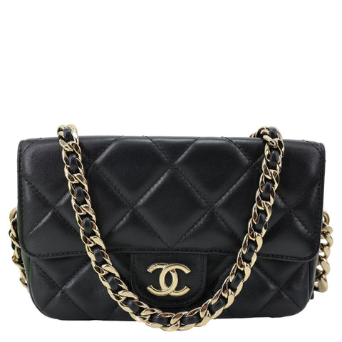 CHANEL Elegant CC Flap Quilted Lambskin Leather Chain Crossbody Bag Black