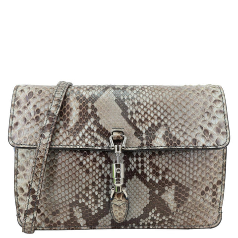 GUCCI Soft Jackie Flap Python Print Leather Crossbody Bag Grey 364433