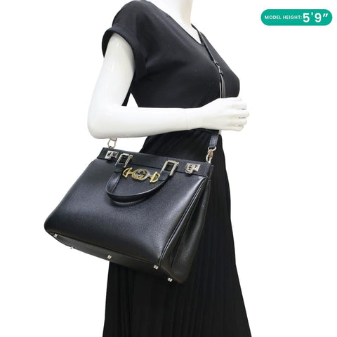GUCCI Zumi Medium Leather Top Handle Shoulder Bag Black 564714