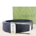 GUCCI Rectangular Buckle GG Supreme Canvas Reversible Belt Black 722370 Size 110/44