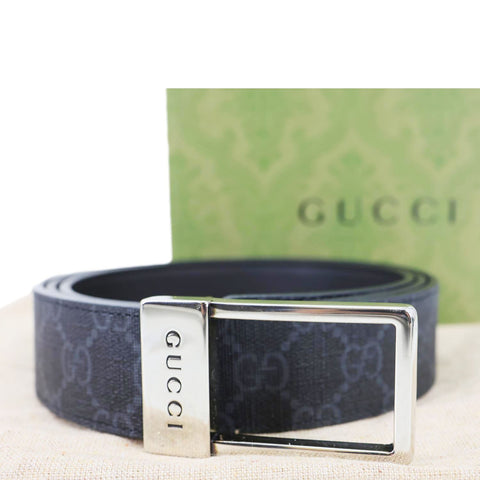GUCCI Rectangular Buckle GG Supreme Canvas Reversible Belt Black 722370 Size 110/44