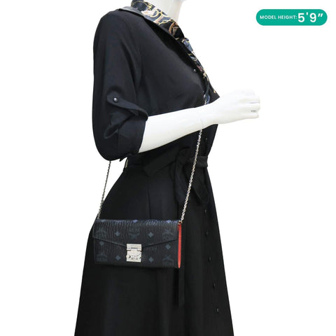 MCM Tracy Monogram Visetos Canvas Chain Crossbody Wallet Black