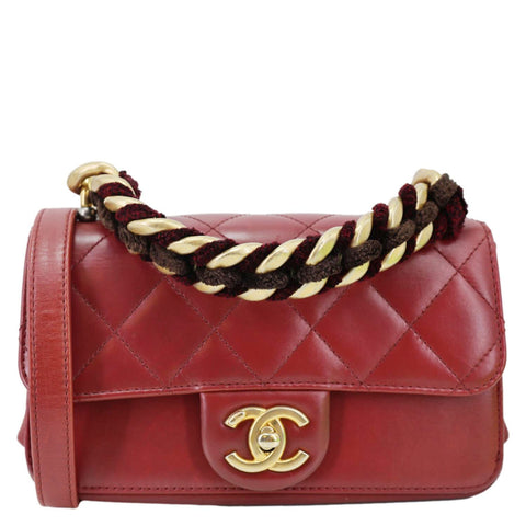 CHANEL Straight Lined Flap Mini Quilted Calfskin Leather Crossbody Bag Red
