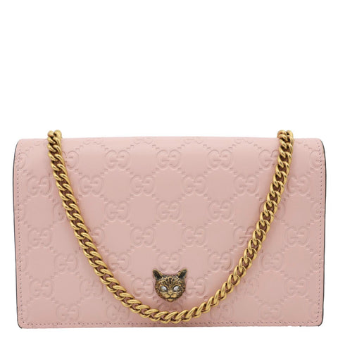 GUCCI Linea Cat Animalier Leather Chain Crossbody Bag Pink 548060