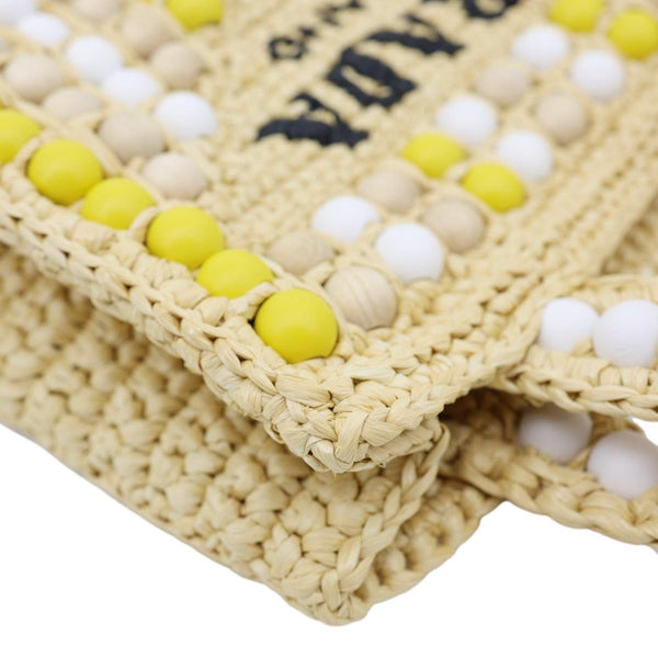 PRADA Embroidered Logo Raffia Wood Bead Tote Bag Multicolor