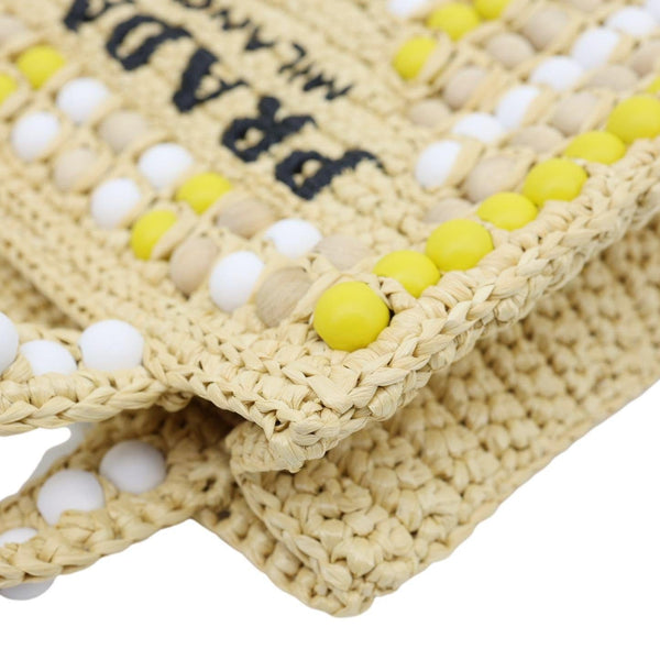 PRADA Embroidered Logo Raffia Wood Bead Tote Bag Multicolor