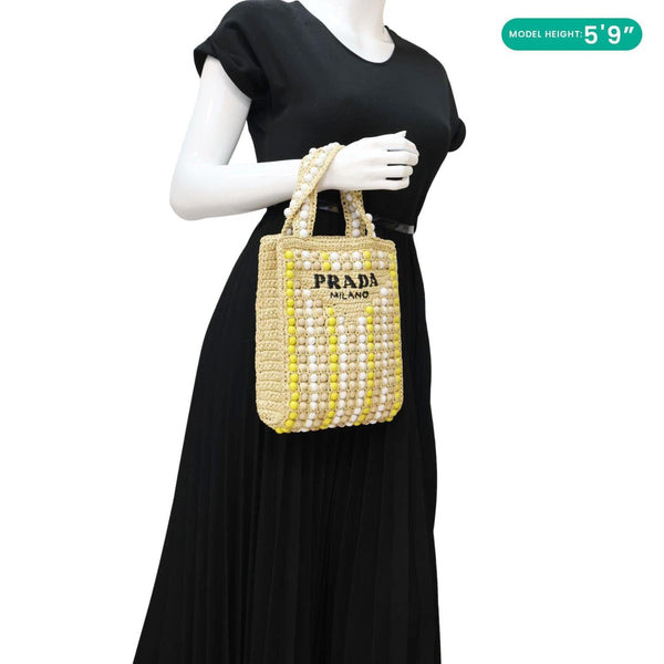 PRADA Embroidered Logo Raffia Wood Bead Tote Bag Multicolor