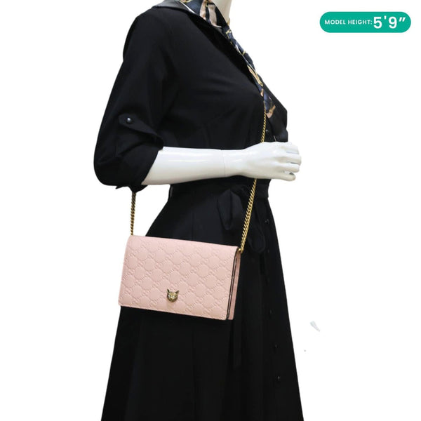 GUCCI Linea Cat Animalier Leather Chain Crossbody Bag Pink 548060