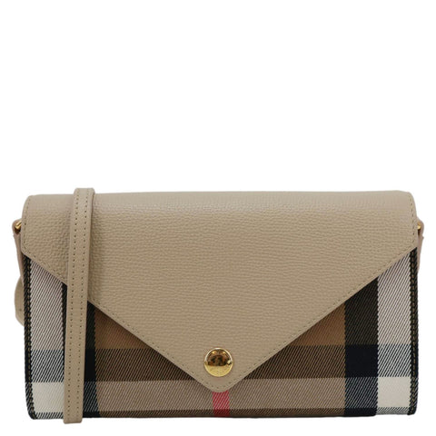 BURBERRY Hannah Envelope Calfskin House Check Wallet on Strap Beige