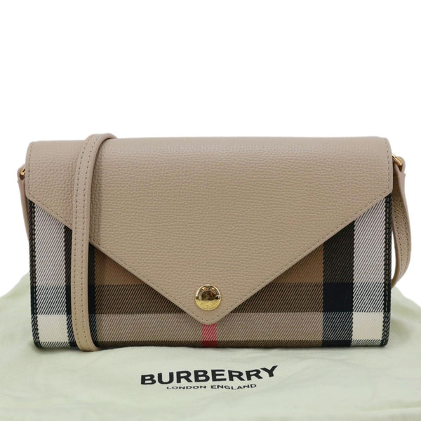 BURBERRY Hannah Envelope Calfskin House Check Wallet on Strap Beige