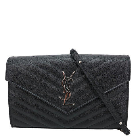 YVES SAINT LAURENT Envelope Grained Chevron Leather Wallet On Chain Black