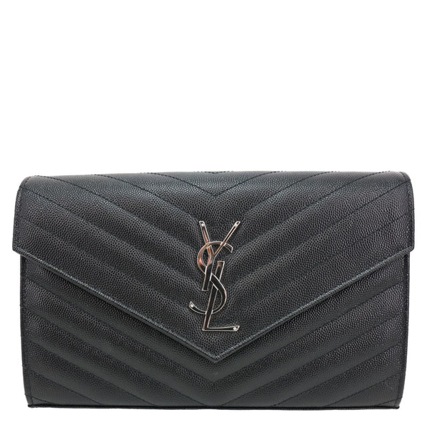 YVES SAINT LAURENT Envelope Grained Chevron Leather Wallet On Chain Black