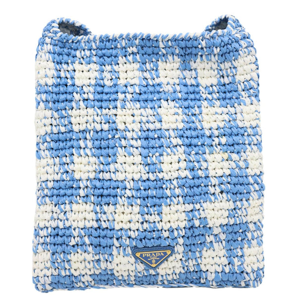 PRADA Embroidered Logo Yarn Crochet Tote Bag Blue