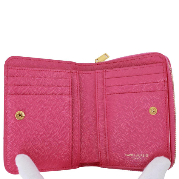 YVES SAINT LAURENT Grain De Poudre Matelasse Chevron Leather Compact Bifold Wallet Pink