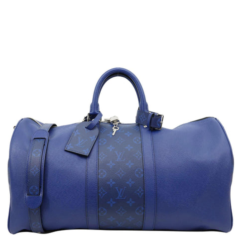 LOUIS VUITTON Keepall 50 Bandouliere Monogram Taiga Leather Travel Bag Blue