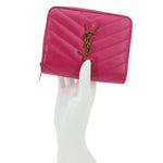 YVES SAINT LAURENT Grain De Poudre Matelasse Chevron Leather Compact Bifold Wallet Pink