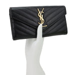 YVES SAINT LAURENT Cassandre Flap Chevron Grain de Poudre Wallet Black