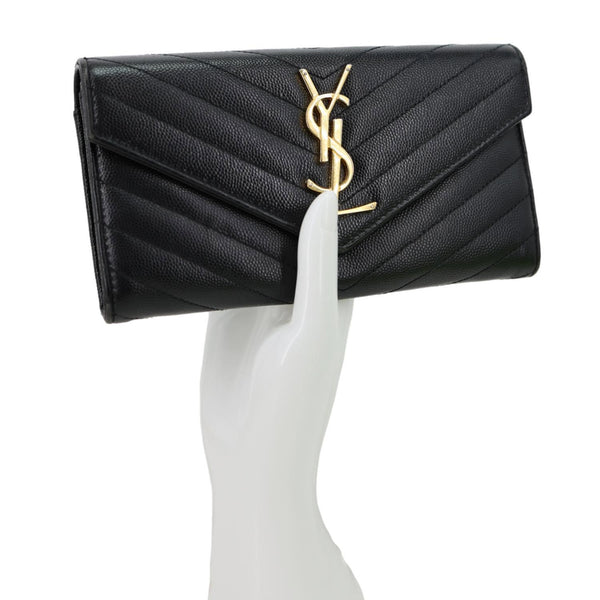 YVES SAINT LAURENT Cassandre Flap Chevron Grain de Poudre Wallet Black