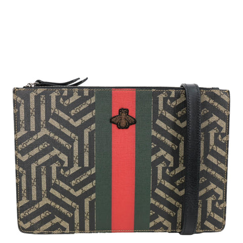 GUCCI Caleido Bee GG Supreme Web Canvas Clutch Crossbody Bag Black 450358