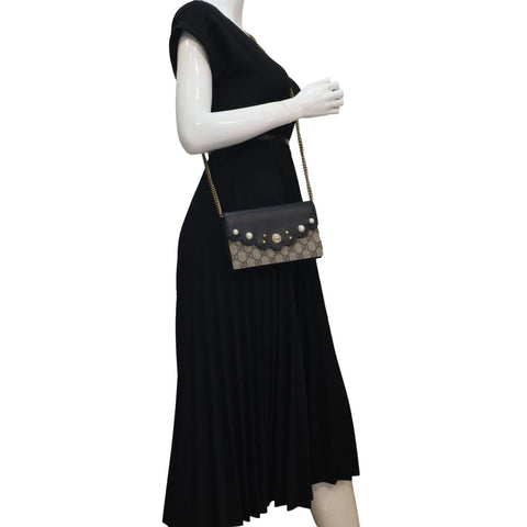 GUCCI Peony Pearly Mini GG Supreme Canvas Wallet on Chain Beige 431478