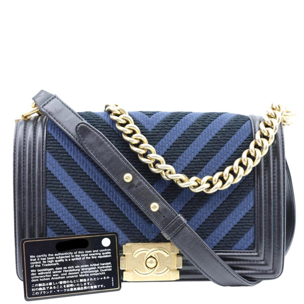 CHANEL Boy Old Medium Braided Chevron Cording Leather Crossbody Bag Navy Blue
