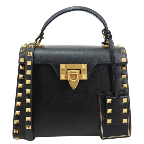 VALENTINO Garavani Rockstud Alcove Small Grainy Calfskin Leather Top Handle Shoulder Bag  Black