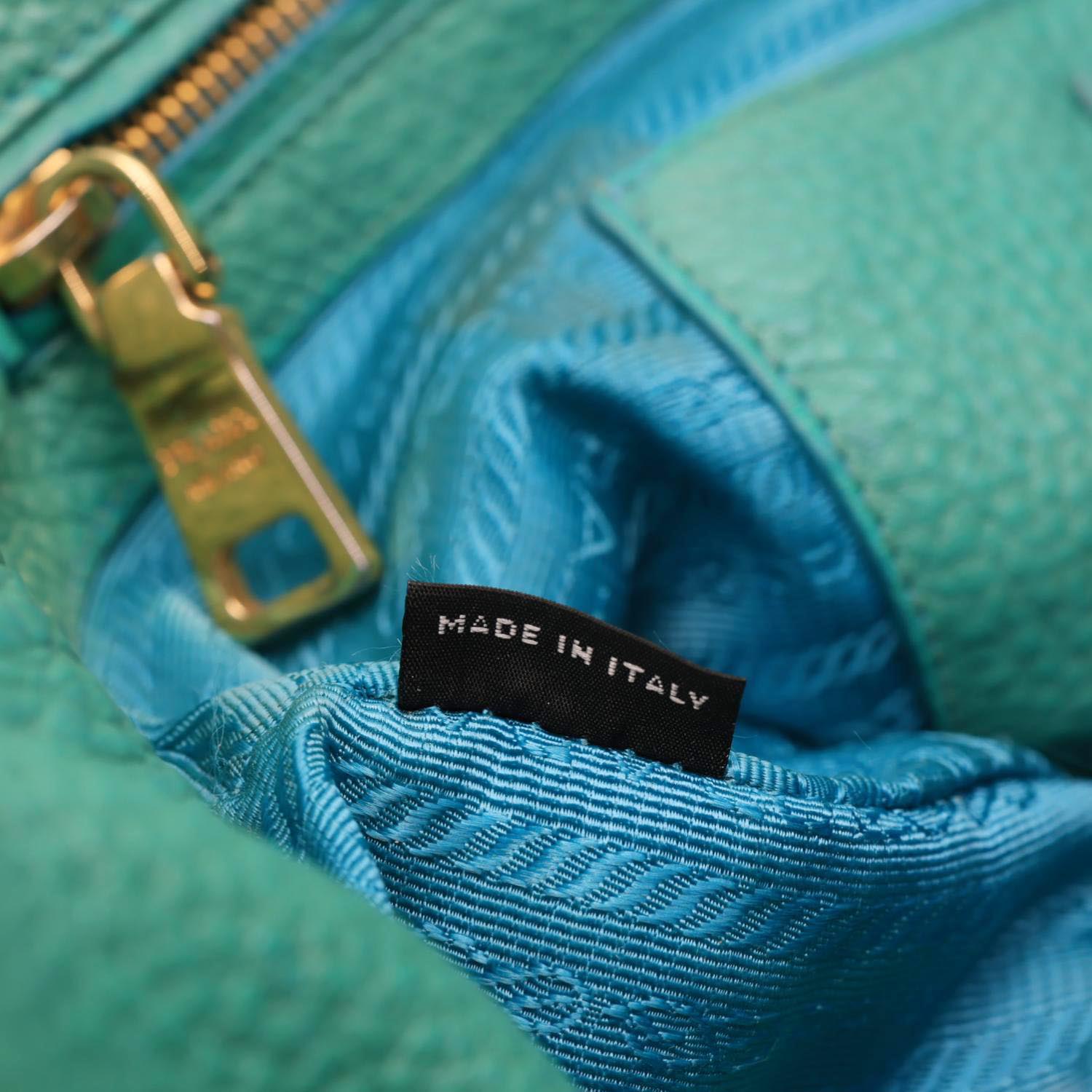 PRADA Vitello Daino Side Zip Leather Shopping Tote Bag Turquoise