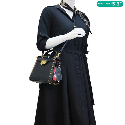 VALENTINO Garavani Rockstud Alcove Small Grainy Calfskin Leather Top Handle Shoulder Bag  Black