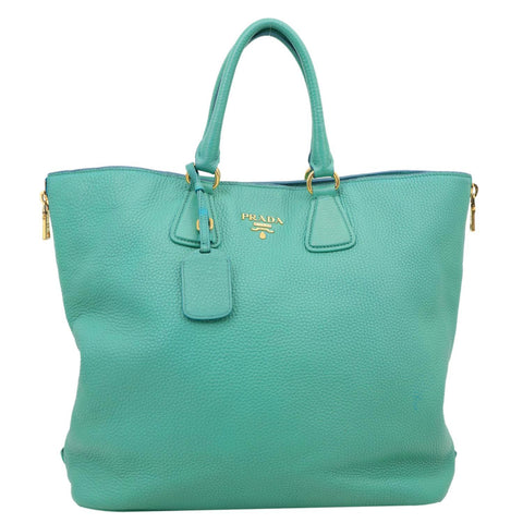 PRADA Vitello Daino Side Zip Leather Shopping Tote Bag Turquoise