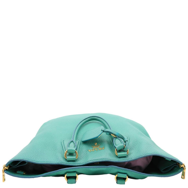 PRADA Vitello Daino Side Zip Leather Shopping Tote Bag Turquoise