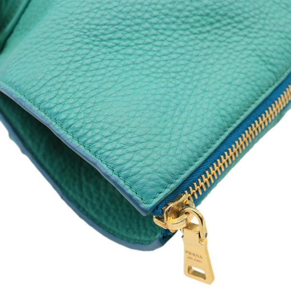 PRADA Vitello Daino Side Zip Leather Shopping Tote Bag Turquoise