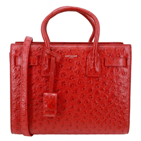 YVES SAINT LAURENT Sac De Jour Ostrich Leather Tote Bag Red