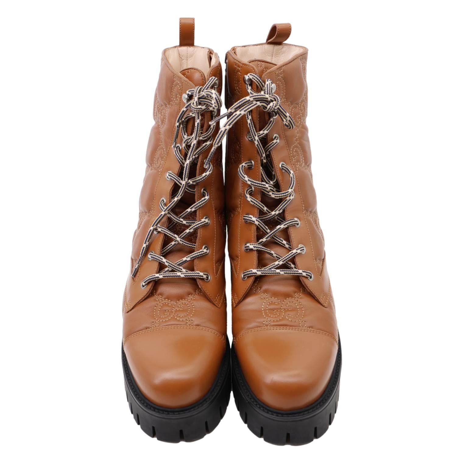 GUCCI Lace Up 60mm GG Matelasse Lux Nappa Leather Combat Boots Dark Br