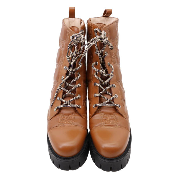 GUCCI Lace Up 60mm GG Matelasse Lux Nappa Leather Combat Boots Dark Brown 718386