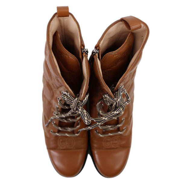 GUCCI Lace Up 60mm GG Matelasse Lux Nappa Leather Combat Boots Dark Brown 718386