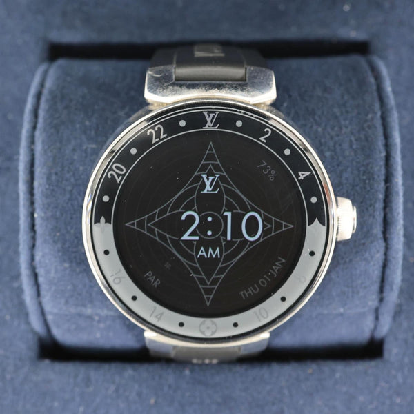 LOUIS VUITTON Tambour Horizon V2 Monogram Eclipse Polished Smartwatch Silver 42mm Full Box Set
