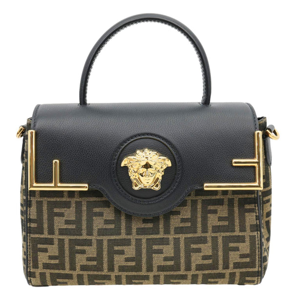 VERSACE X FENDI Fendace Medium La Medusa Zucca Canvas Calfskin Top Handle Shoulder Bag Black