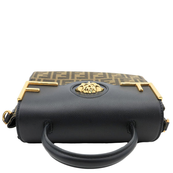 VERSACE X FENDI Fendace Medium La Medusa Zucca Canvas Calfskin Top Handle Shoulder Bag Black