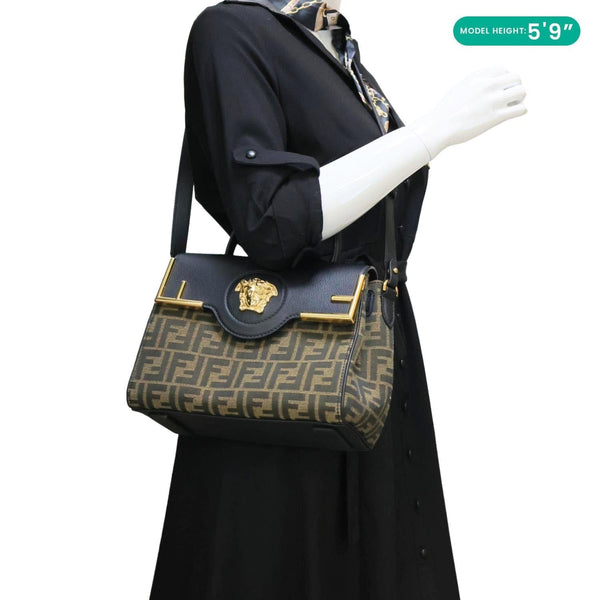 VERSACE X FENDI Fendace Medium La Medusa Zucca Canvas Calfskin Top Handle Shoulder Bag Black