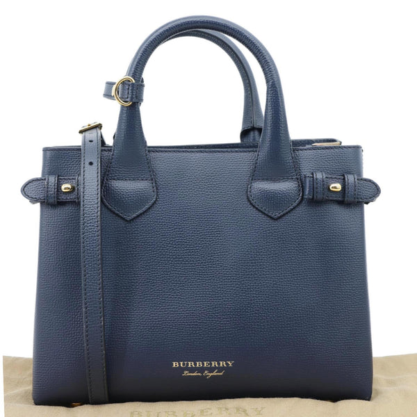 BURBERRY Banner Small House Check Leather Tote Bag Navy Blue